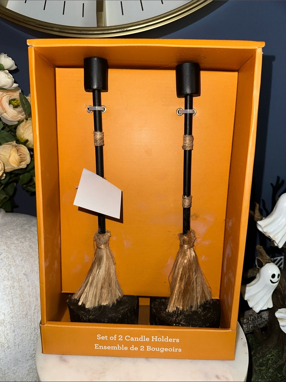 Set of 2 Black and Natural Rustic witch brooms Candle Holders